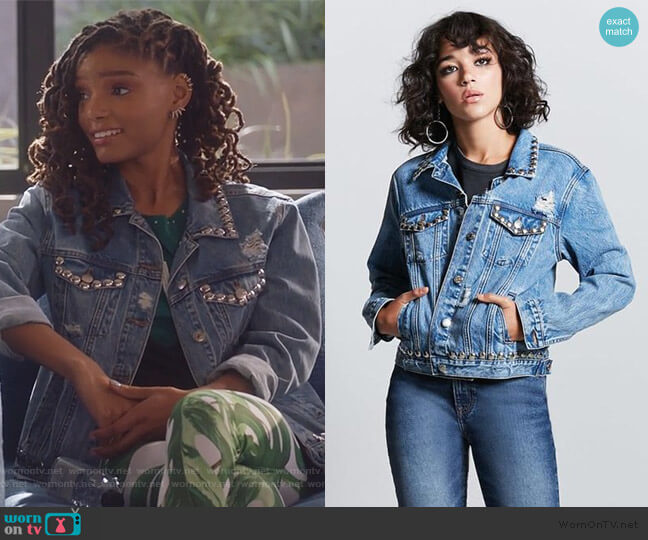 Forever 21 Metal Studded Denim Jacket worn by Skylar Forster (Halle Bailey) on Grown-ish