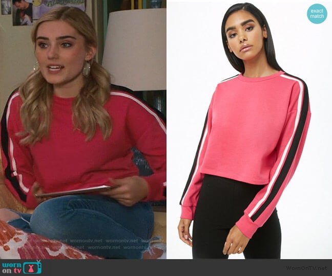 Forever 21 Striped-Trim Cropped Sweatshirt worn by Taylor Otto (Meg Donnelly) on American Housewife