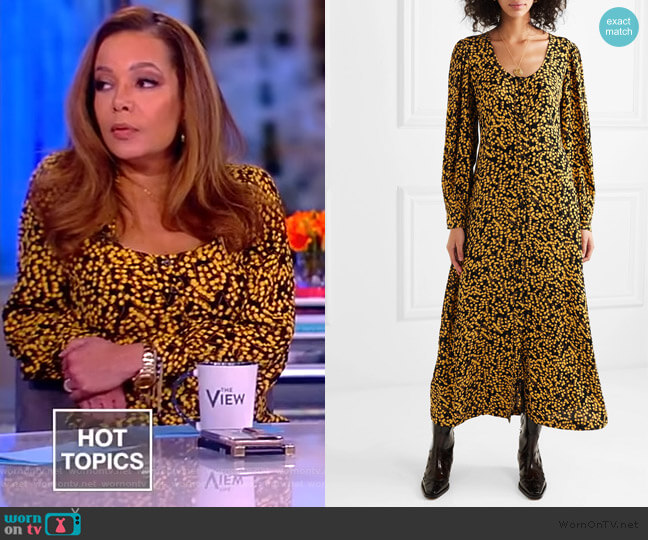 Ganni Goldstone floral-print crepe de chine midi dress worn by Sunny Hostin on The View