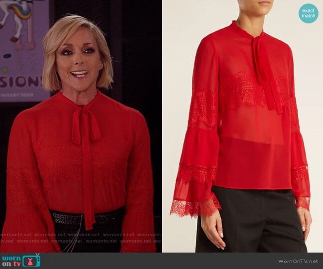 Giambattista Valli Tie-Neck Lace-Trimmed Silk-Georgette Blouse worn by Jacqueline Voorhees (Jane Krakowski) on Unbreakable Kimmy Schmidt