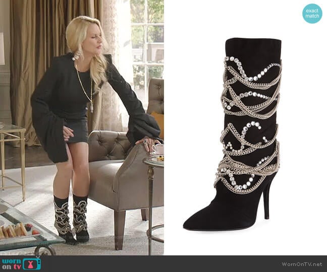 Giuseppe Zanotti Suede Mid-Calf Boot with Chain Detail worn by Alexis Carrington (Elaine Hendrix) on Dynasty