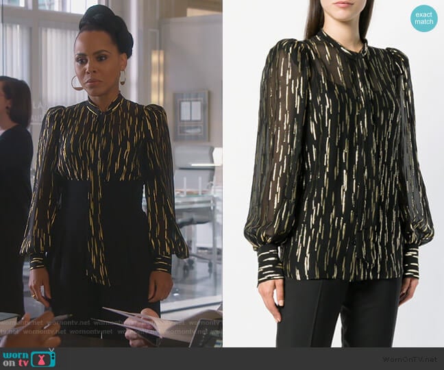 Givenchy Pussy-bow metallic fil-coupé silk-blend blouse worn by Tegan Price (Amirah Vann) on How to Get Away with Murder