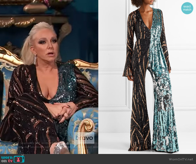 Halpern Tiger-Print Sequined Tulle Jumpsuit worn by Margaret Josephs on The Real Housewives of New Jersey