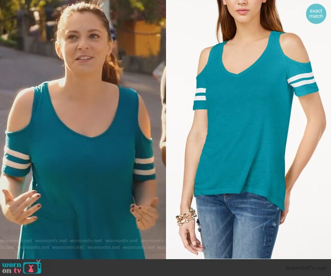 INC International Concepts Cold-Shoulder Varsity Top worn by Rebecca Bunch (Rachel Bloom) on Crazy Ex-Girlfriend