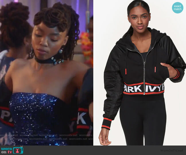 Ivy Park Flatknit Hooded Bomber Jacket worn by Jazlyn Forster (Chloe Bailey) on Grown-ish