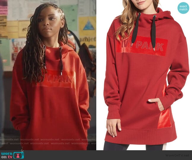 Ivy Park Oversize Velvet Logo Hoodie Dress worn by Jazlyn Forster (Chloe Bailey) on Grown-ish