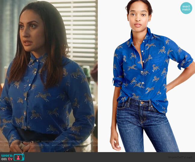 J. Crew Classic popover in Zebra Print worn by Ana Torres (Francia Raisa) on Grown-ish