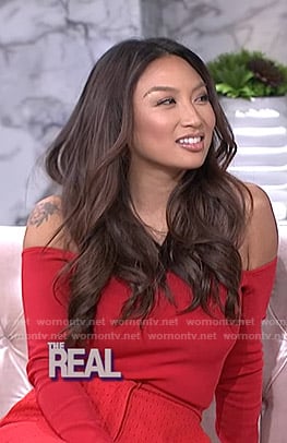 Jeannie’s red off-shoulder top on The Real