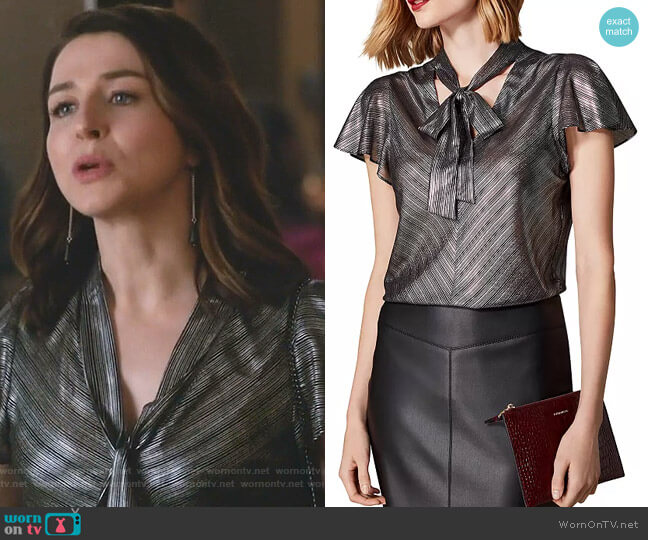 Karen Millen Metallic Striped Tie-Neck Top worn by Amelia Shepherd (Caterina Scorsone) on Greys Anatomy