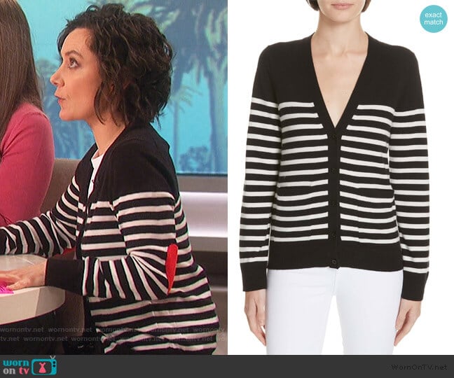 Kate Spade heart patch stripe cardigan worn by Sara Gilbert on The Talk
