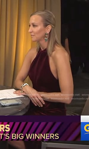 Lara’s red velvet halter dress on Good Morning America Oscars After Party