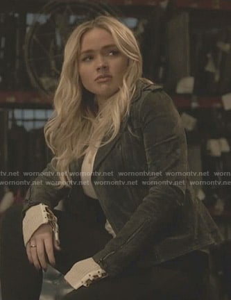 Lauren’s lace-up cuff top and peplum suede moto jacket on The Gifted
