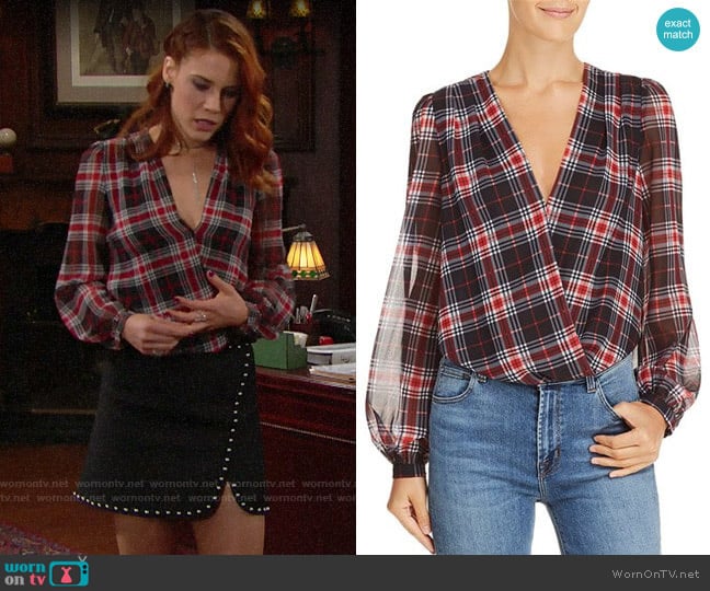 Lucy Paris Plaid Blouson Bodysuit worn by Sally Spectra (Courtney Hope) on The Bold and the Beautiful