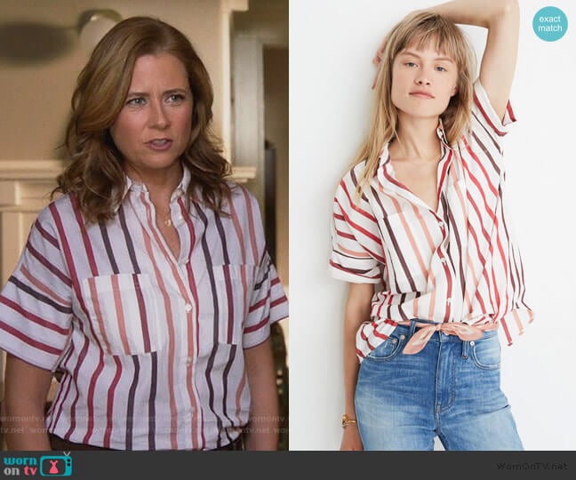 Madewell Courier Shirt in Lorelei Stripe worn by Lena (Jenna Fischer) on Splitting Up Together