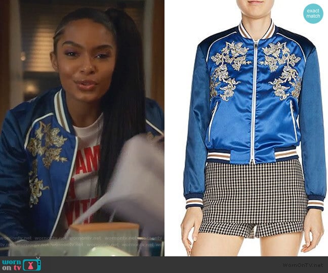 Maje Bichon Embroidered Bomber Jacket worn by Zoey Johnson (Yara Shahidi) on Grown-ish