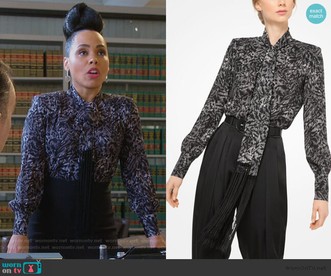 Michael Kors Fringed Tiger Silk-Georgette Scarf Blouse worn by Tegan Price (Amirah Vann) on How to Get Away with Murder