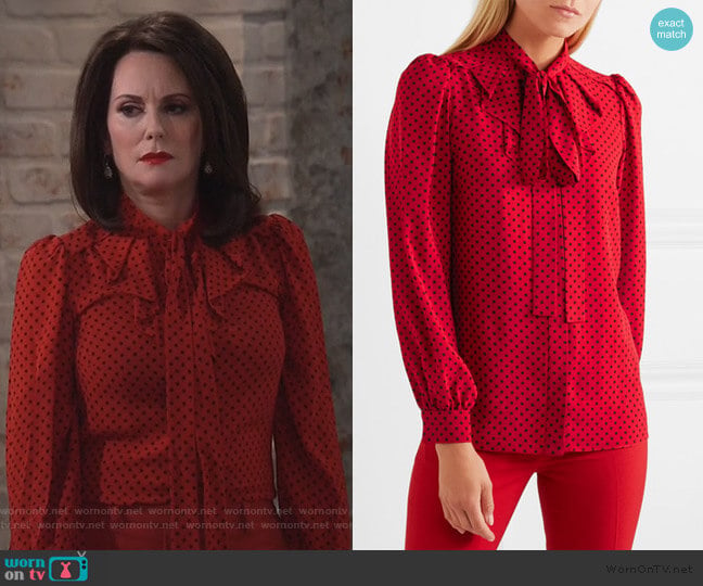 Michael Kors Collection Pussy-bow polka-dot silk-georgette blouse worn by Karen Walker (Megan Mullally) on Will and Grace
