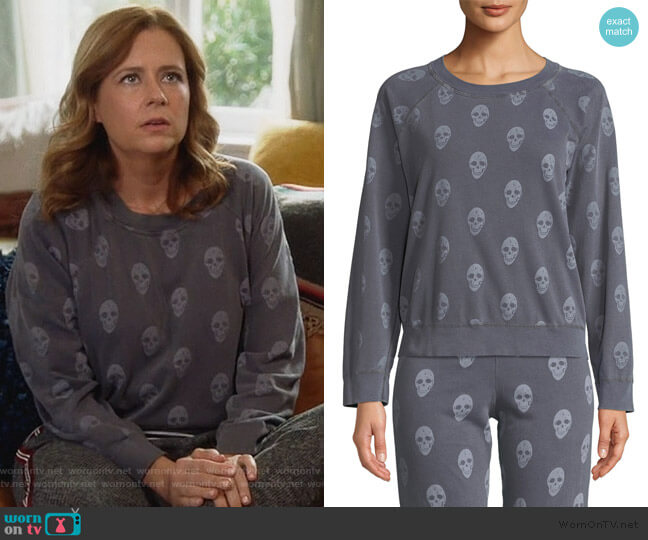 Monrow Vintage Skull-Print Raglan Pullover Sweater worn by Lena (Jenna Fischer) on Splitting Up Together
