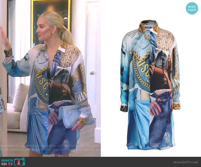 Moschino Printed Crepe de Chine Mini Shirt Dress worn by Erika Jayne on The Real Housewives of Beverly Hills