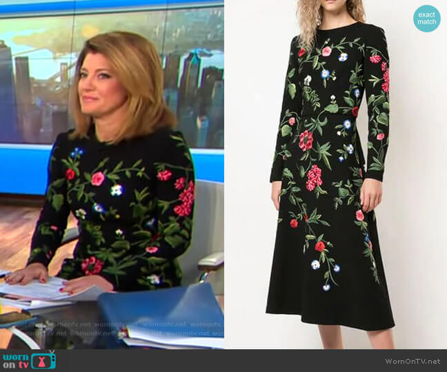 Oscar de la Renta Long Sleeve Floral Embroidered Dress worn by Norah O'Donnell on CBS Mornings