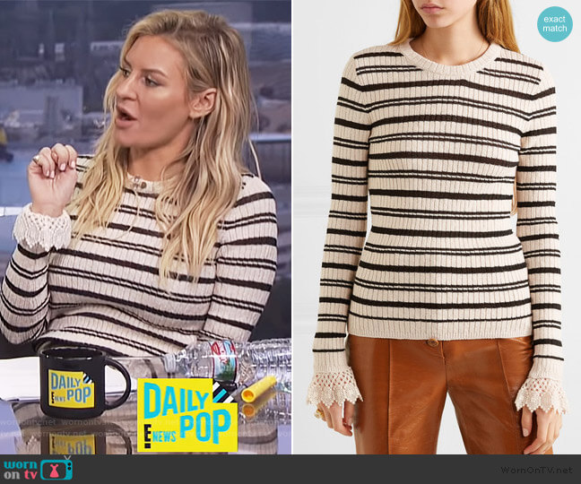 Philosophy Di Lorenzo Serafini Crochet-trimmed striped ribbed cotton-blend sweater worn by Morgan Stewart on E! News