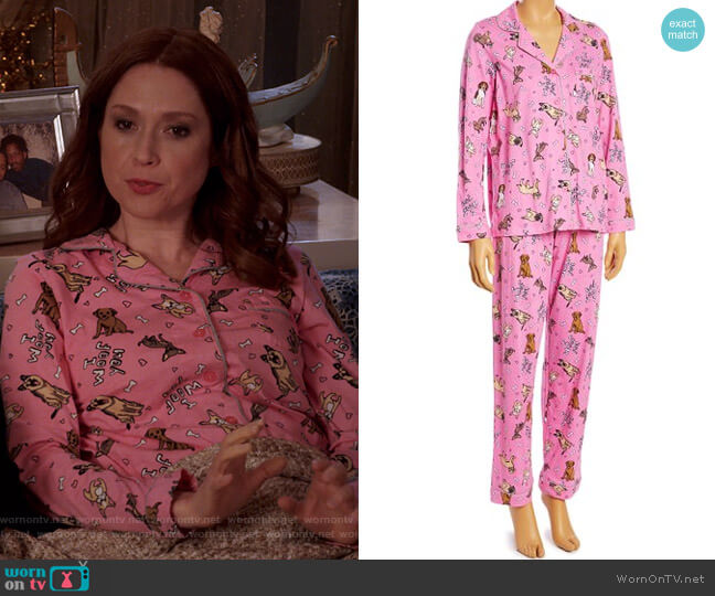 Rene Rofe Pink Dogs Button-Up Pajama Set worn by Kimmy Schmidt (Ellie Kemper) on Unbreakable Kimmy Schmidt
