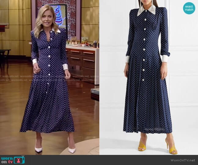Alessandra Rich Pleated Polka-Dot Silk Midi Dress worn by Kelly Ripa on Live with Kelly and Mark