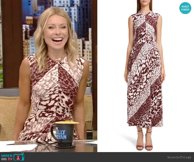 Victoria Beckham Print Side Gather Midi Dress worn by Kelly Ripa on Live with Kelly and Mark