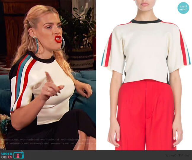 Proenza Schouler Short-Sleeve Racer-Stripe Crop Sweater worn by Busy Philipps on Busy Tonight