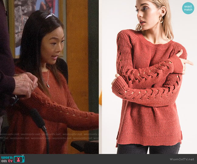 Rag Poets Gretchen Sweater in Tandori Spice worn by Jen (Krista Marie Yu) on Last Man Standing