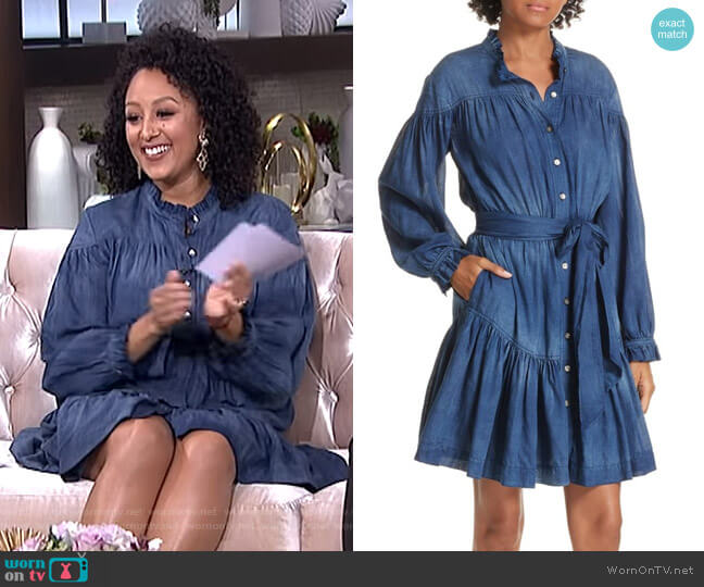 Rebecca Taylor Tissue Denim Ruffle Minidress worn by Tamera Mowry on The Real