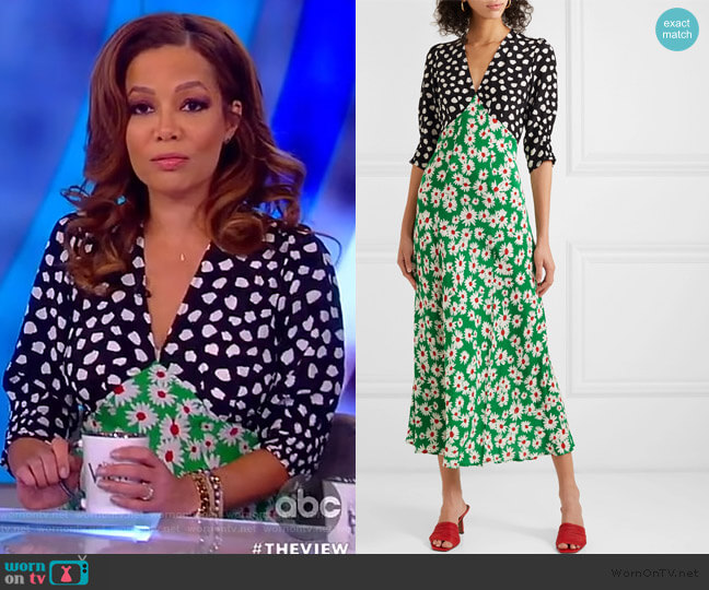 Rixo Martha printed silk crepe de chine midi dress worn by Sunny Hostin on The View