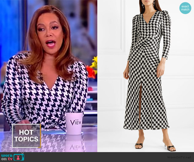 Rixo Ziggy gathered houndstooth satin midi dress worn by Sunny Hostin on The View