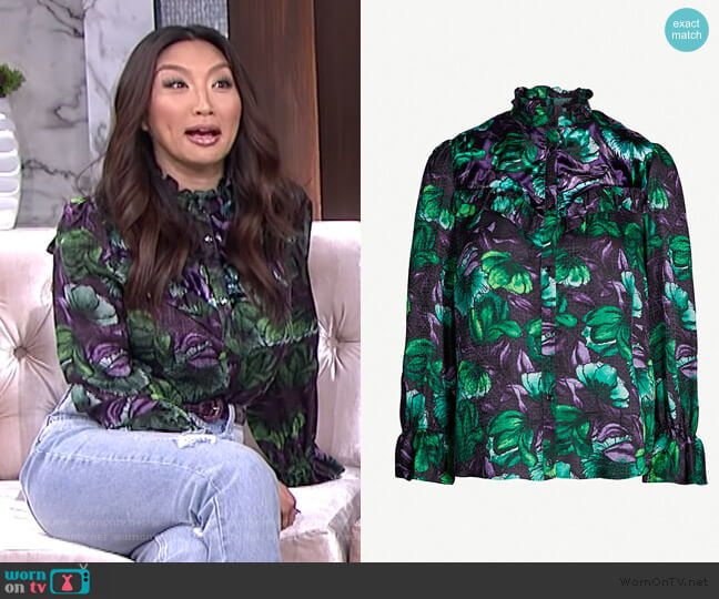 Sandro Pharaon ruffle-trim satin shirt worn by Jeannie Mai on The Real