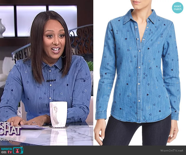 Scotch & Soda Heart Embroidered Denim Shirt worn by Tamera Mowry on The Real