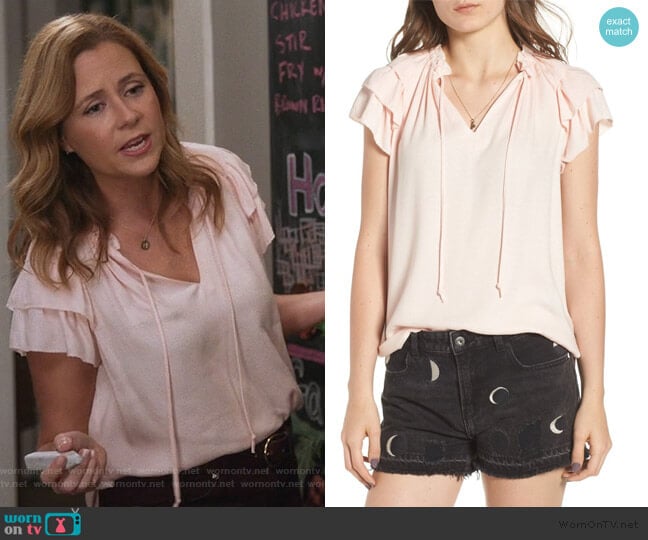Scotch & Soda V-Neck Ruffle Sleeve Top worn by Lena (Jenna Fischer) on Splitting Up Together
