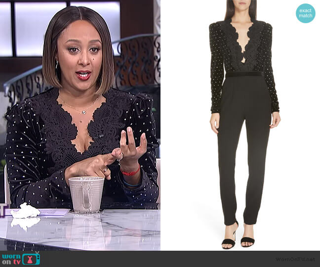 Self Portrait Lace Trim Velvet Diamante Jumpsuit worn by Tamera Mowry on The Real