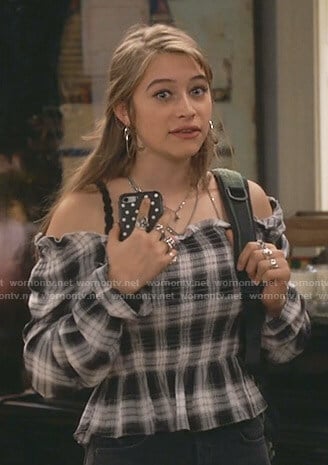 Shannon’s plaid off-shoulder smocked top on Fam