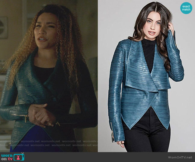 Guess Shayna Drape Leather Jacket worn by Allison Hargreeves (Emmy Raver-Lampman) on The Umbrella Academy