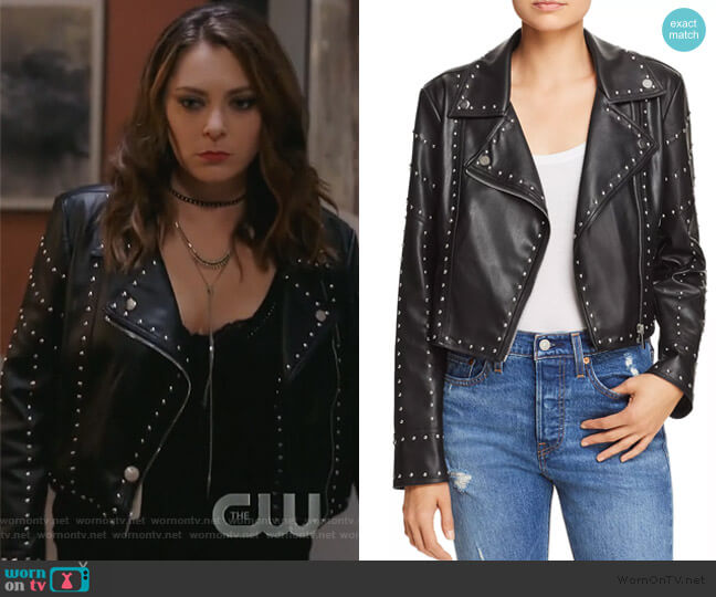 Sunset & Spring Studded Cropped Faux Leather Moto Jacket worn by Rebecca Bunch (Rachel Bloom) on Crazy Ex-Girlfriend