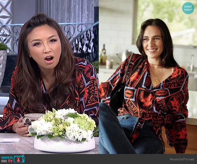 The Kooples Kimono-Style Top with Kiss Print worn by Jeannie Mai on The Real