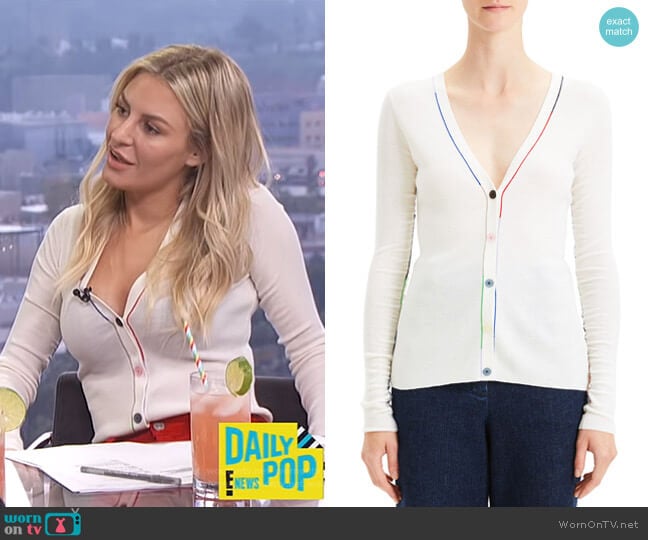 Theory Embroidered V-Neck Wool Cardigan worn by Morgan Stewart on E! News