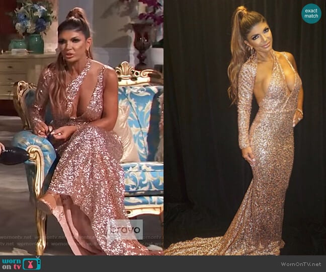 Tumbler and Tipsy by Michael Kuluva Rose Sequin Gown worn by Teresa Giudice on The Real Housewives of New Jersey