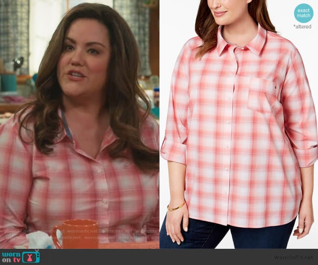 Tommy Hilfiger Plus Size Cotton Plaid Tab-Sleeve Shirt worn by Katie Otto (Katy Mixon) on American Housewife
