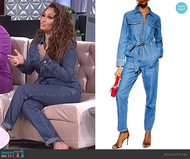 Topshop Denim Utility Boilersuit worn by Adrienne Houghton on The Real