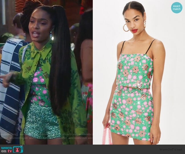 Topshop Flower Sequin Cami Top worn by Zoey Johnson (Yara Shahidi) on Grown-ish