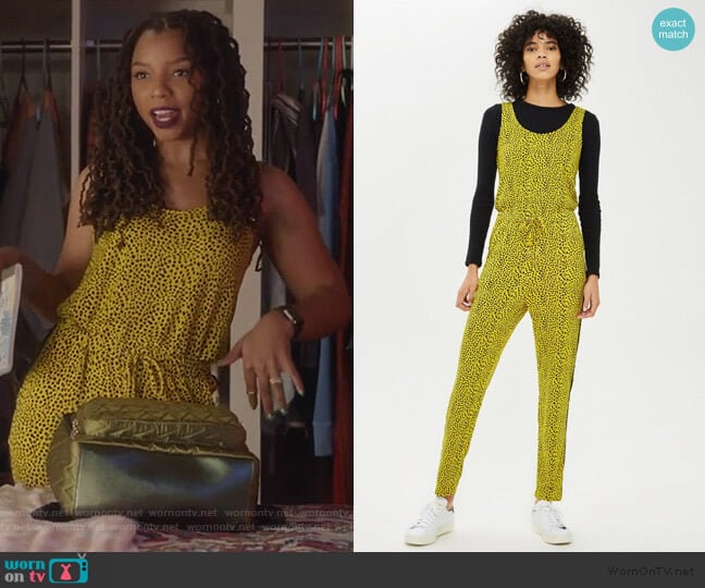 Topshop Yellow Leopard Print Jumpsuit worn by Jazlyn Forster (Chloe Bailey) on Grown-ish