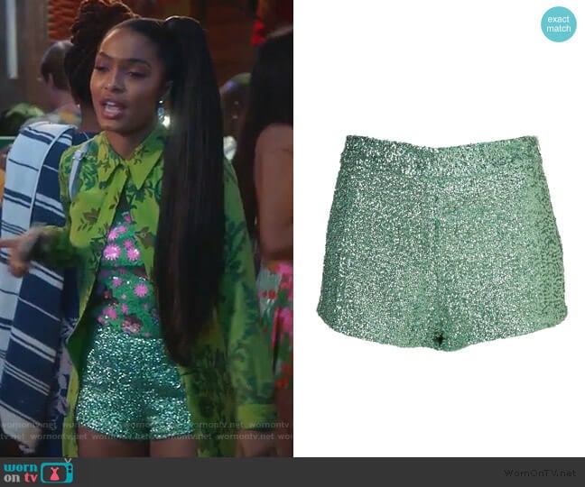 Topshop Sequin Knicker Shorts worn by Zoey Johnson (Yara Shahidi) on Grown-ish