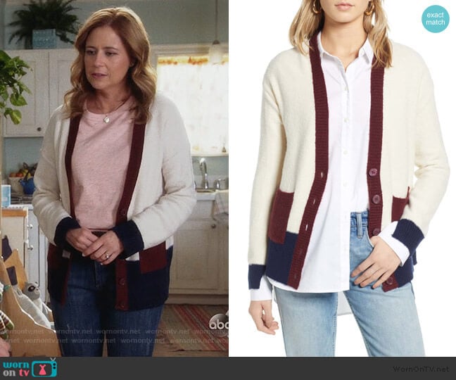 Treasure & Bond Colorblock V-Neck Cardigan worn by Lena (Jenna Fischer) on Splitting Up Together