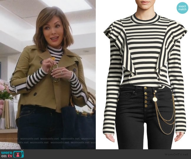 Veronica Beard Dawson Striped Ruffle Long-Sleeve Tee worn by Camille (Lindsay Price) on Splitting Up Together